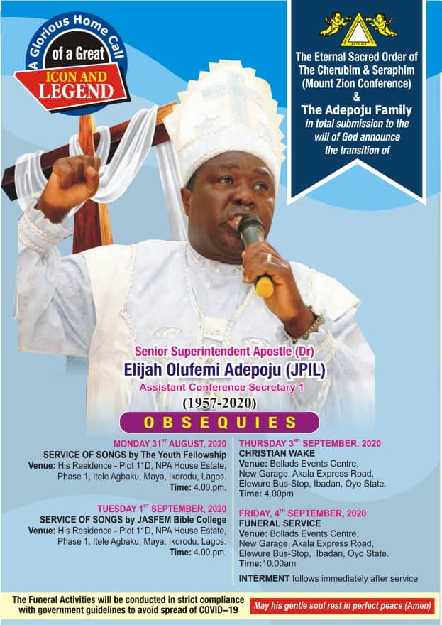Official Release: The Eternal Sacred Order of C&S (Mount Zion) and Adepoju Family announce burial arrangements of Elder Femi Adepoju